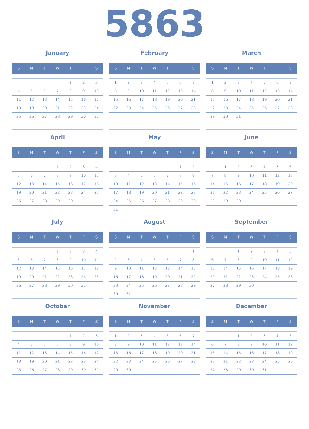 Printable 5863 Year Calendars glaucous