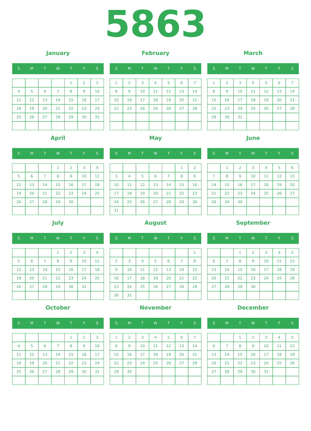 Printable 5863 Year Calendars green