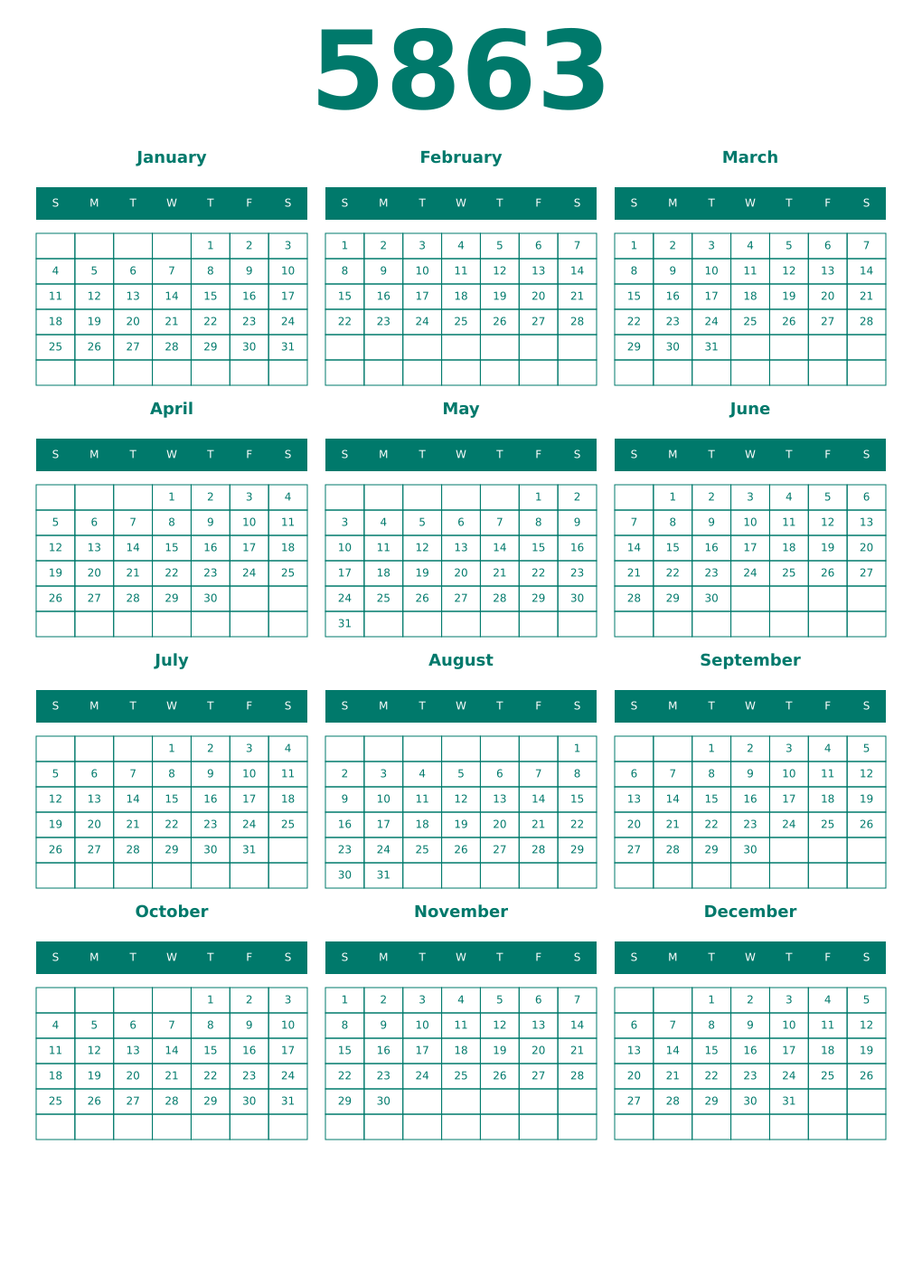 Printable 5863 Year Calendars pastel