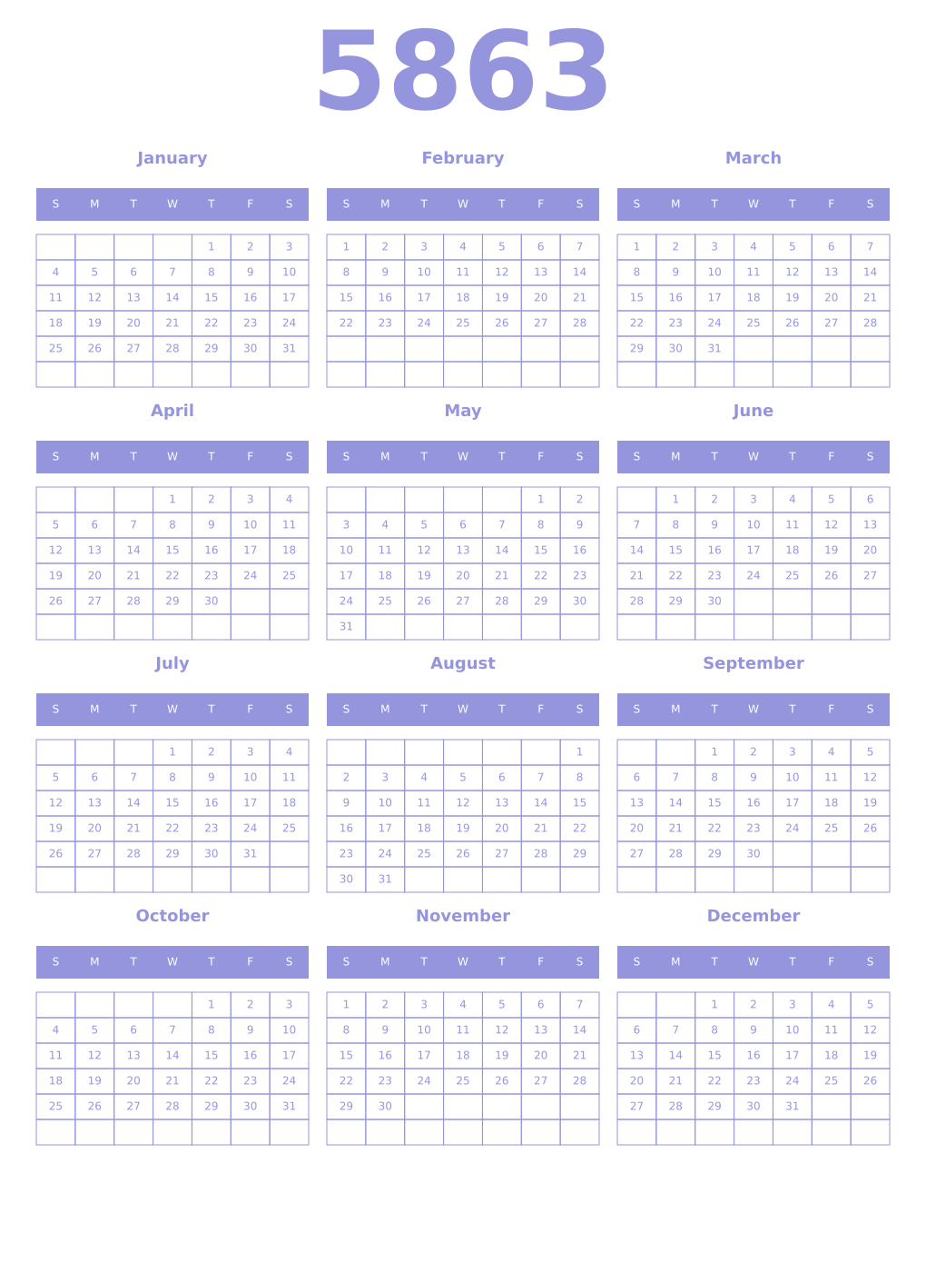 Printable 5863 Year Calendars periwinkle