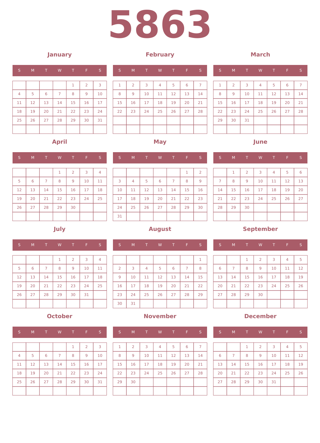 Printable 5863 Year Calendars puce
