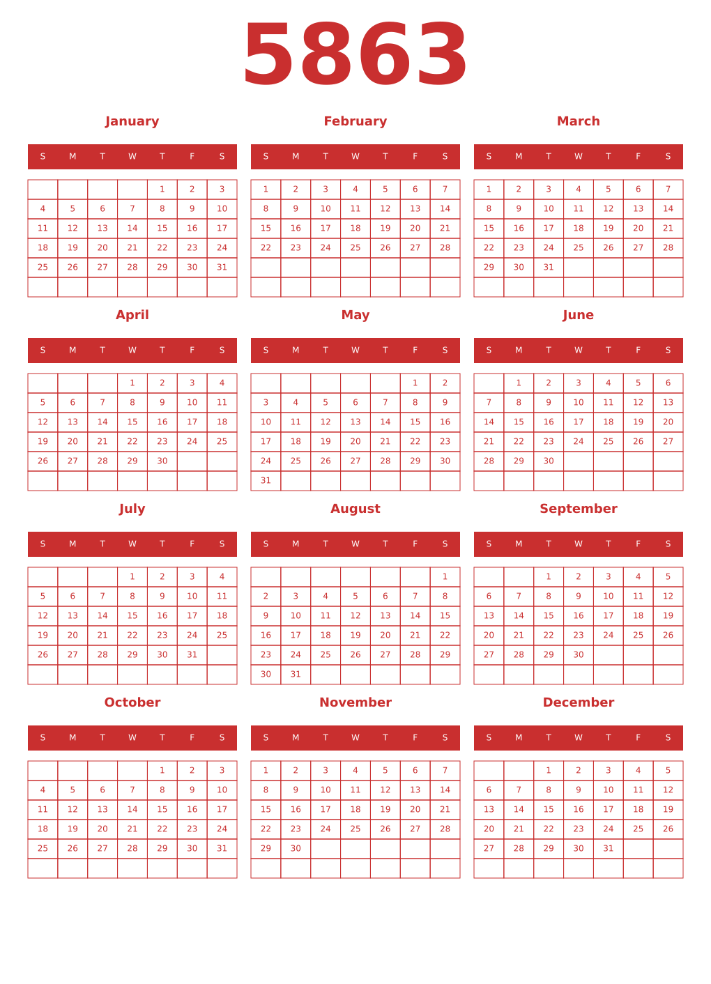 Printable 5863 Year Calendars red