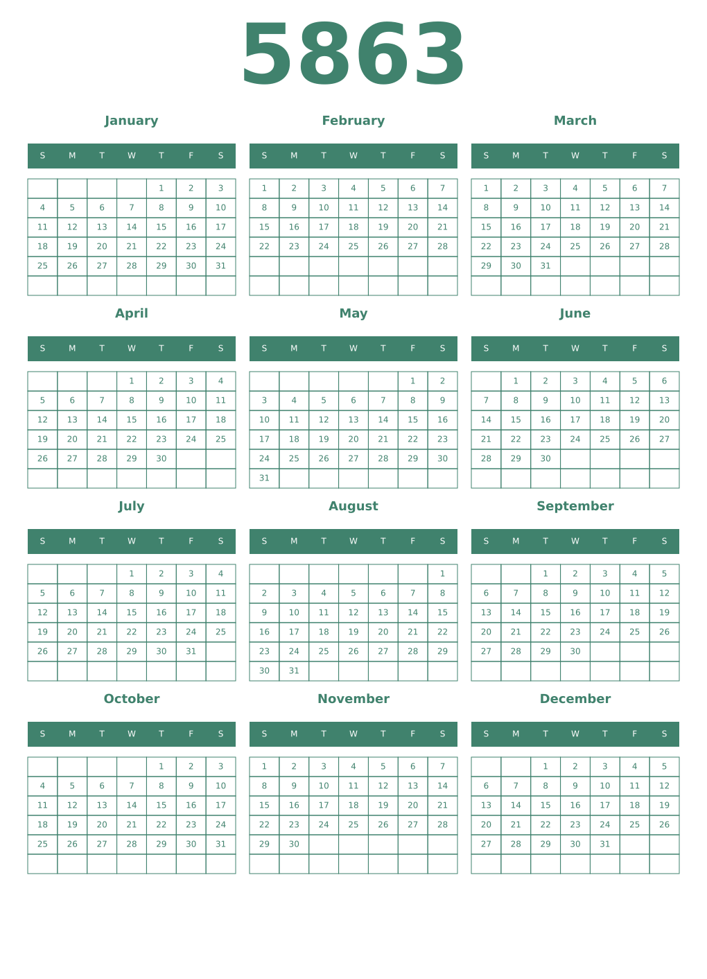 Printable 5863 Year Calendars viridian