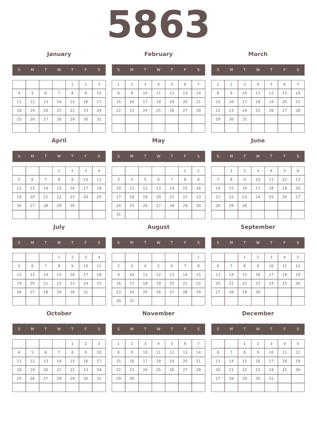 Printable 5863 Year Calendars wenge