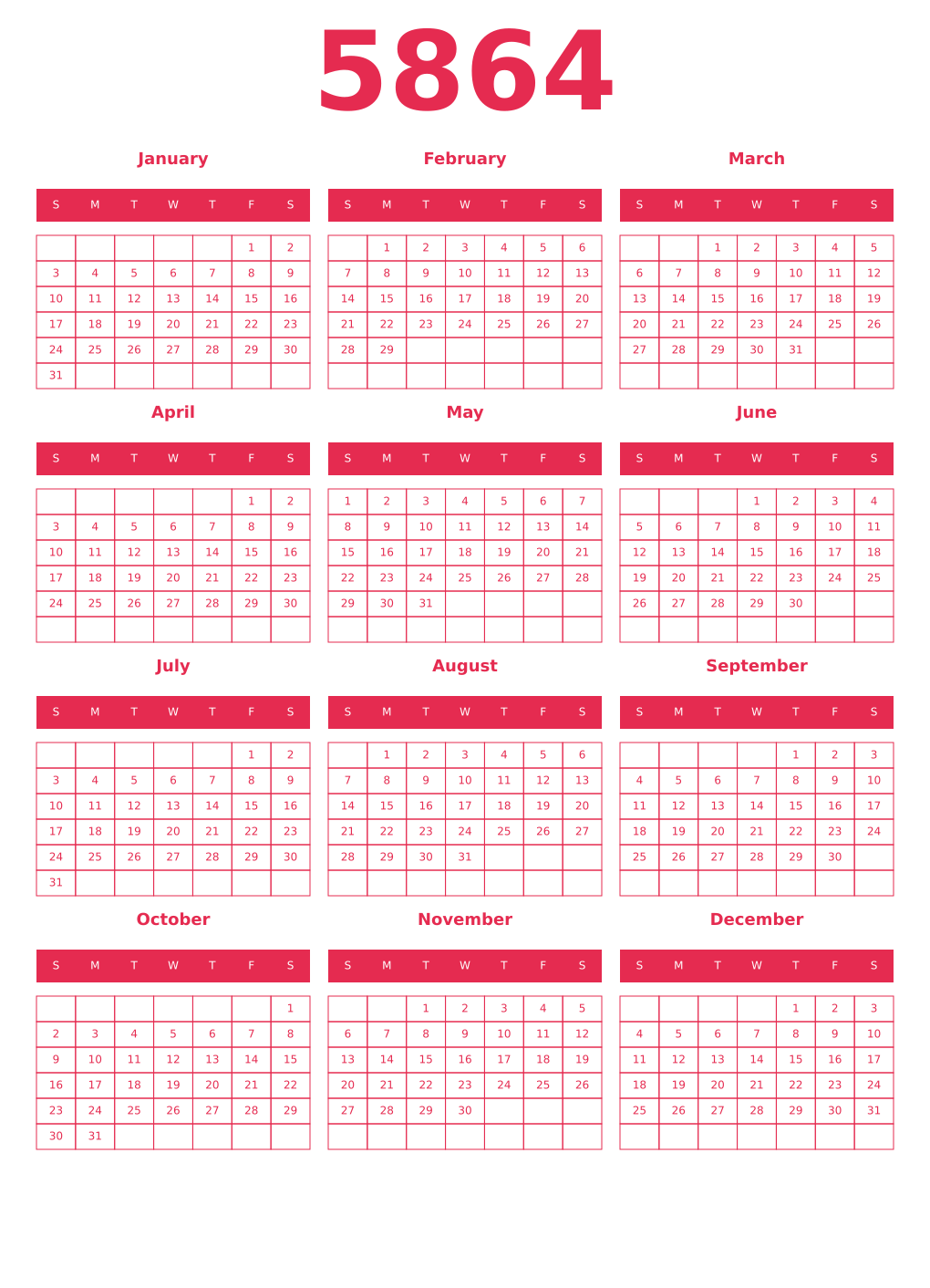 Printable 5864 Year Calendars amaranth