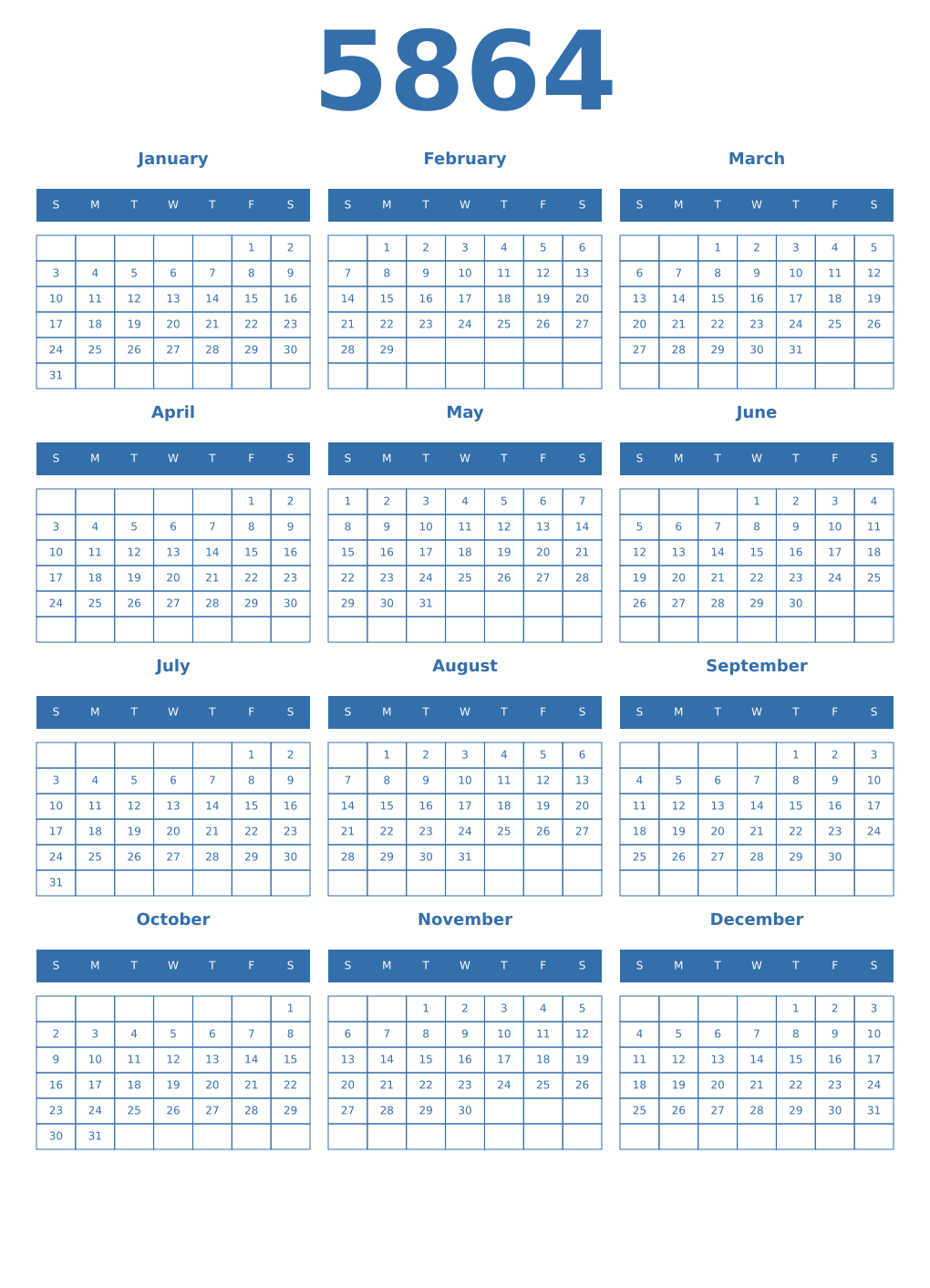 Printable 5864 Year Calendars blue