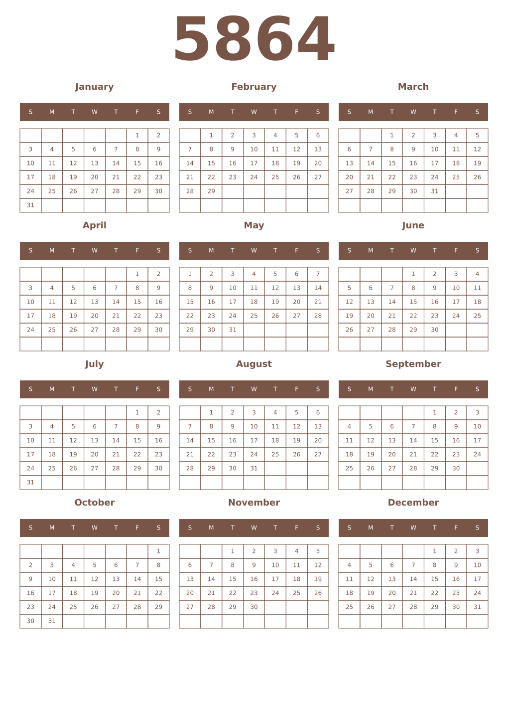 Printable 5864 Year Calendars coffe