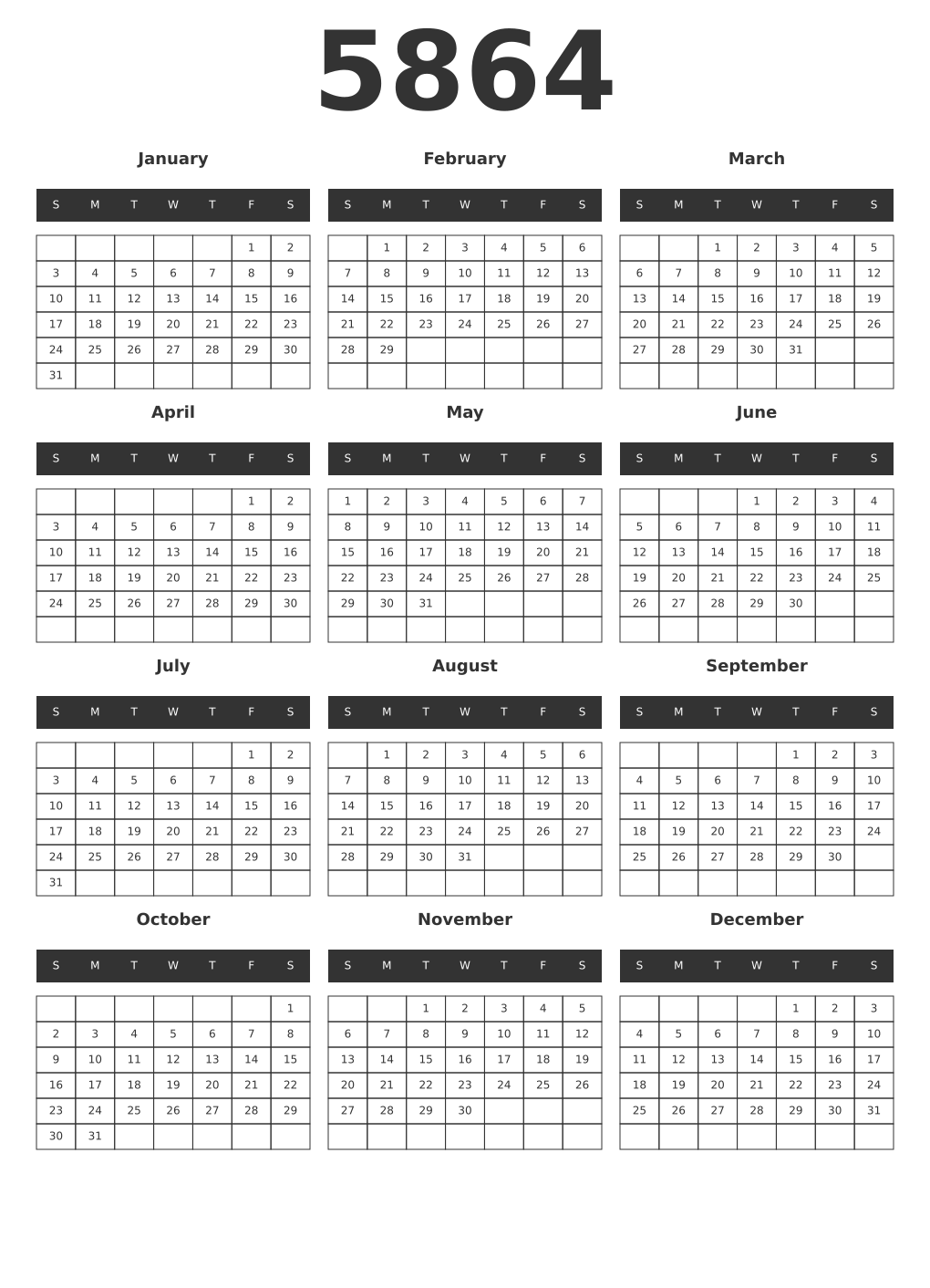 Printable 5864 Year Calendars dark