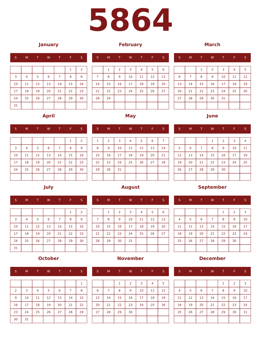 Printable 5864 Year Calendars falu