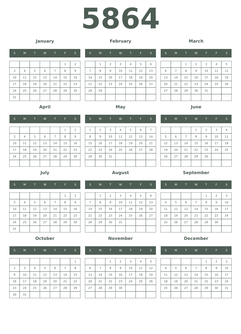 Printable 5864 Year Calendars feldgrau