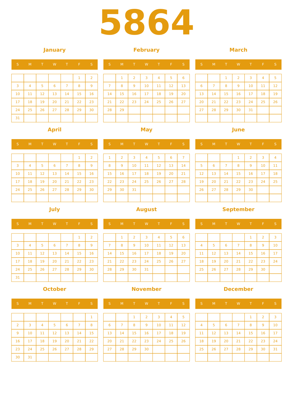 Printable 5864 Year Calendars gamboge