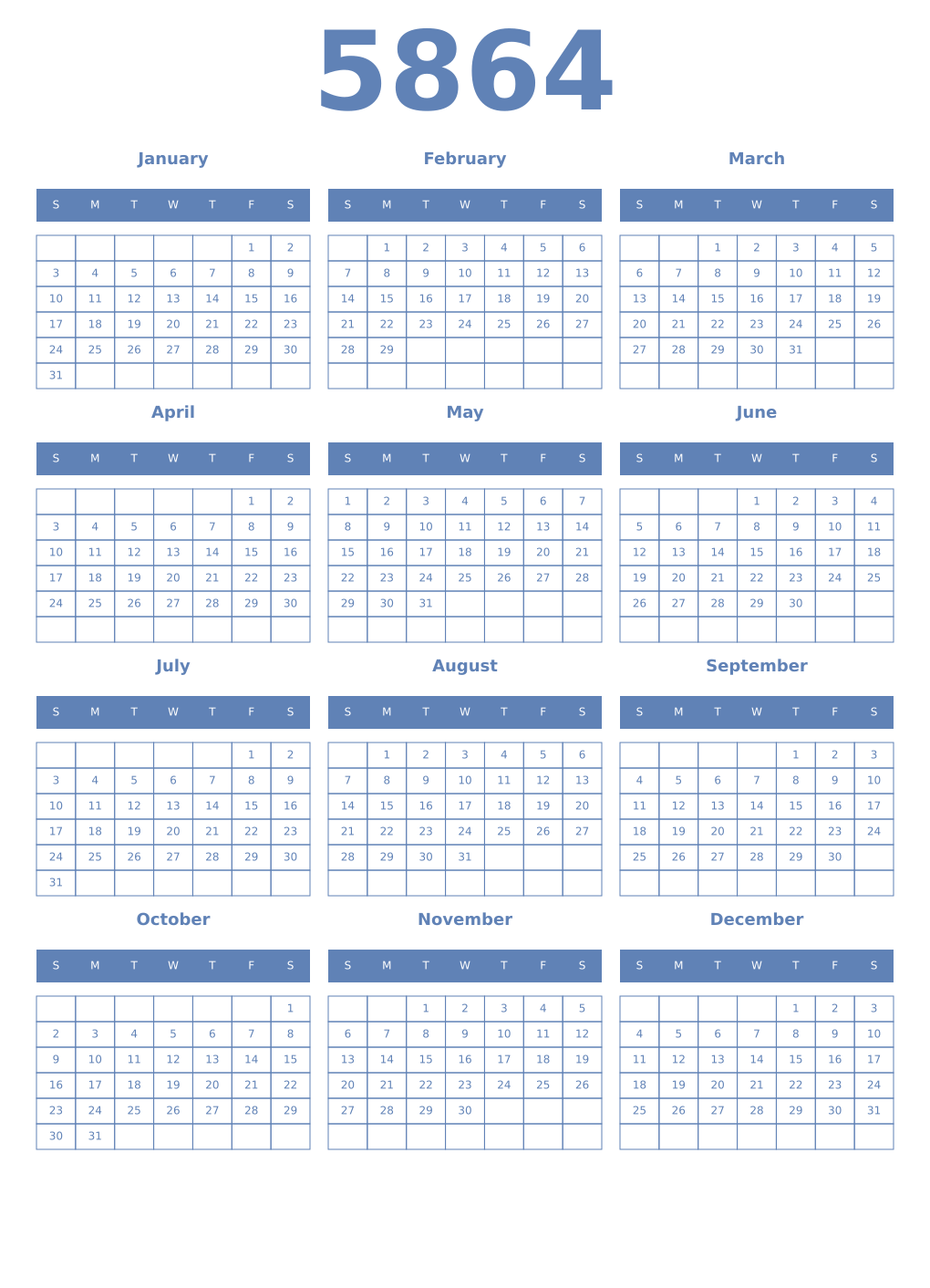 Printable 5864 Year Calendars glaucous
