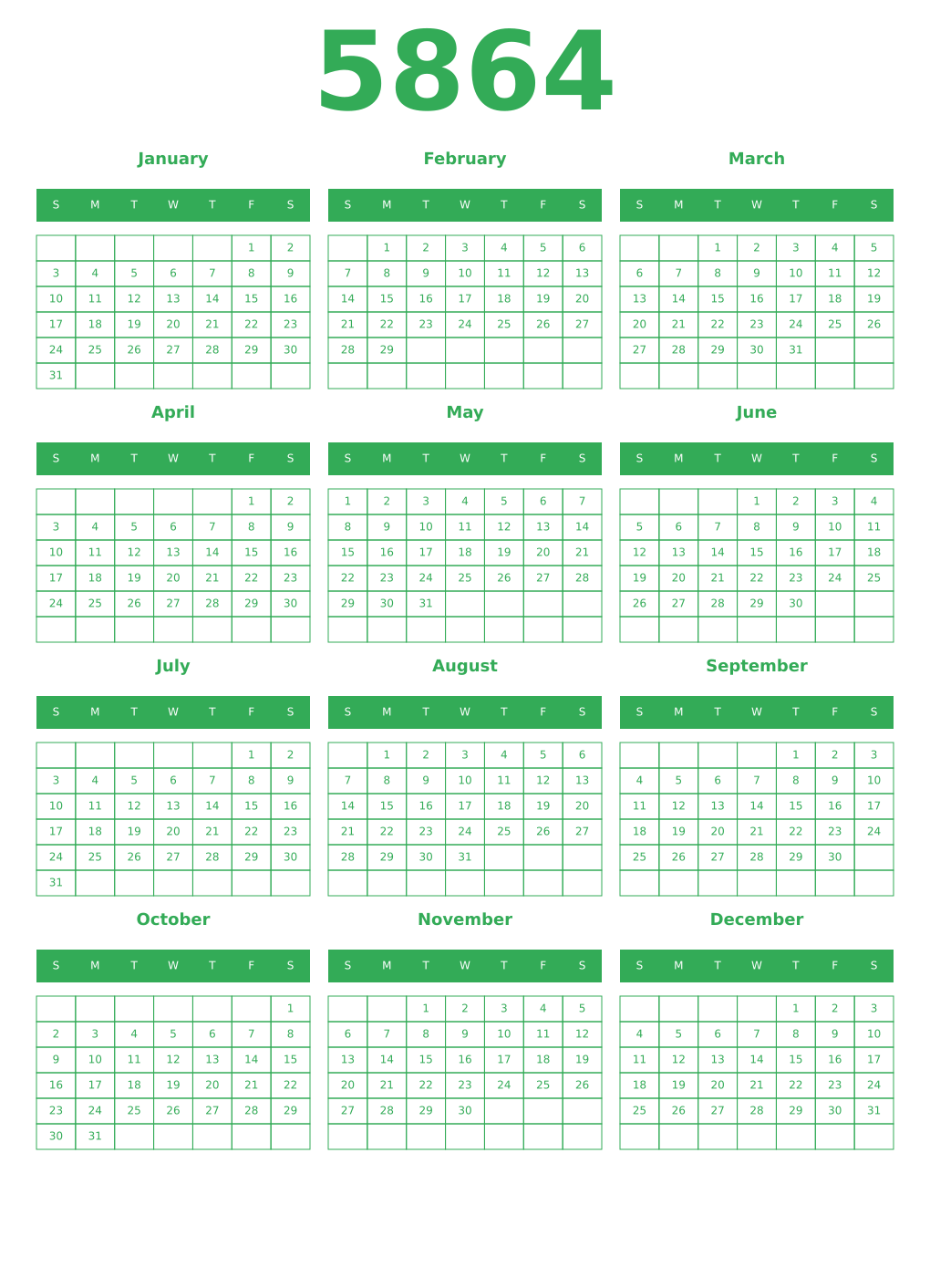 Printable 5864 Year Calendars green