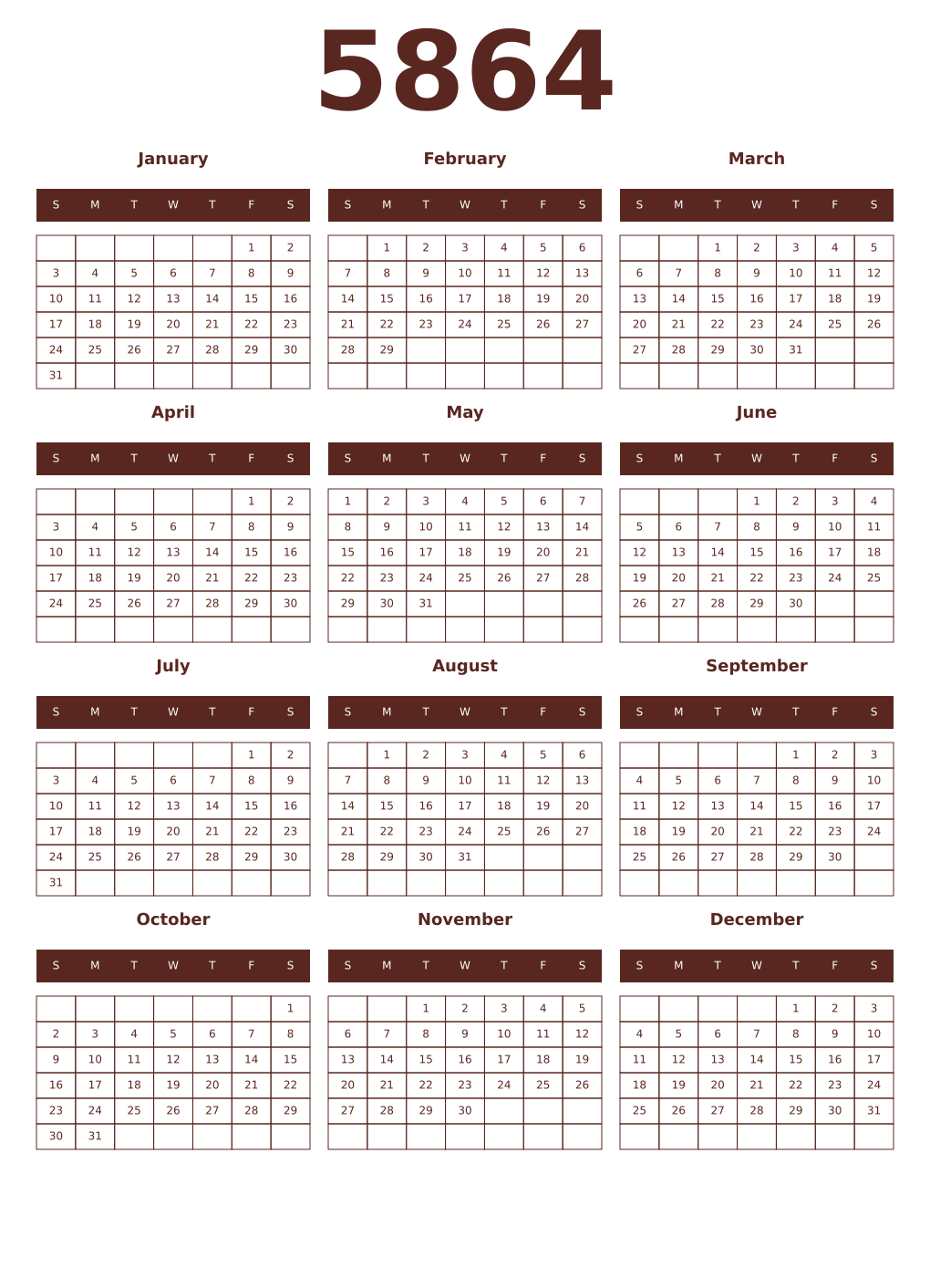 Printable 5864 Year Calendars mortuum