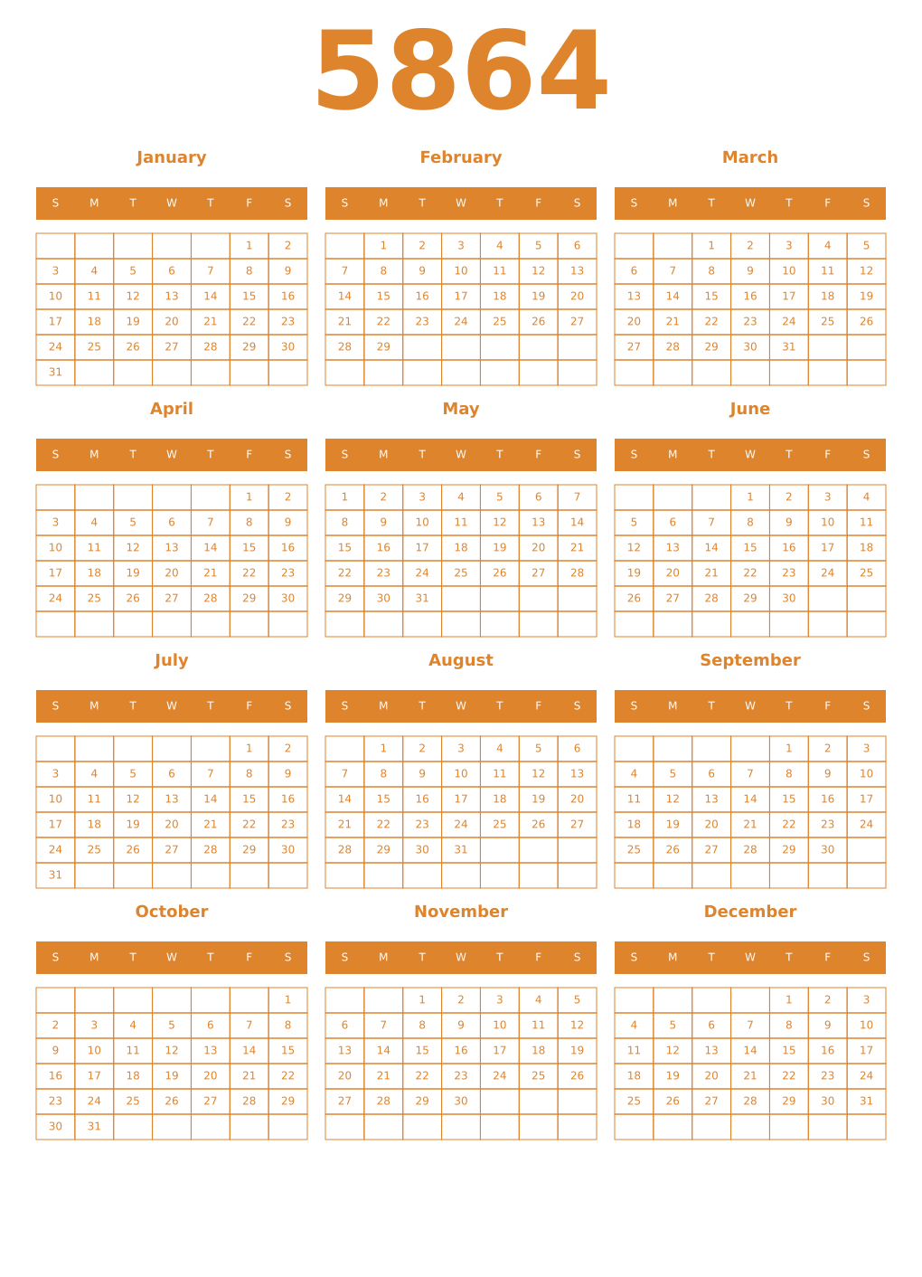 Printable 5864 Year Calendars orange