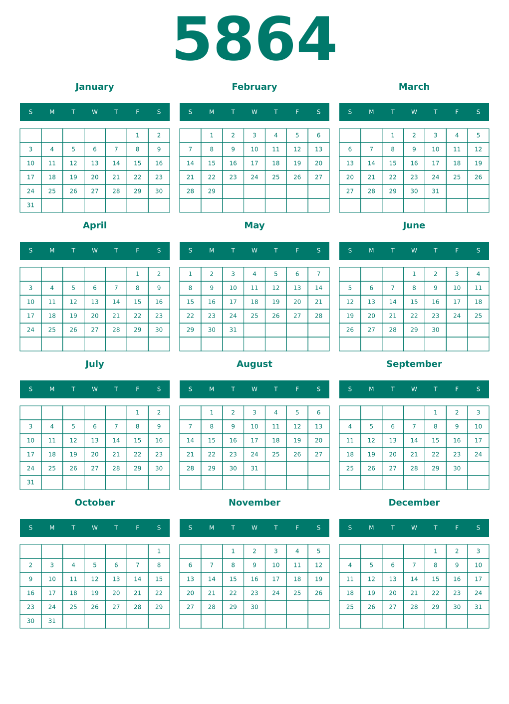 Printable 5864 Year Calendars pastel