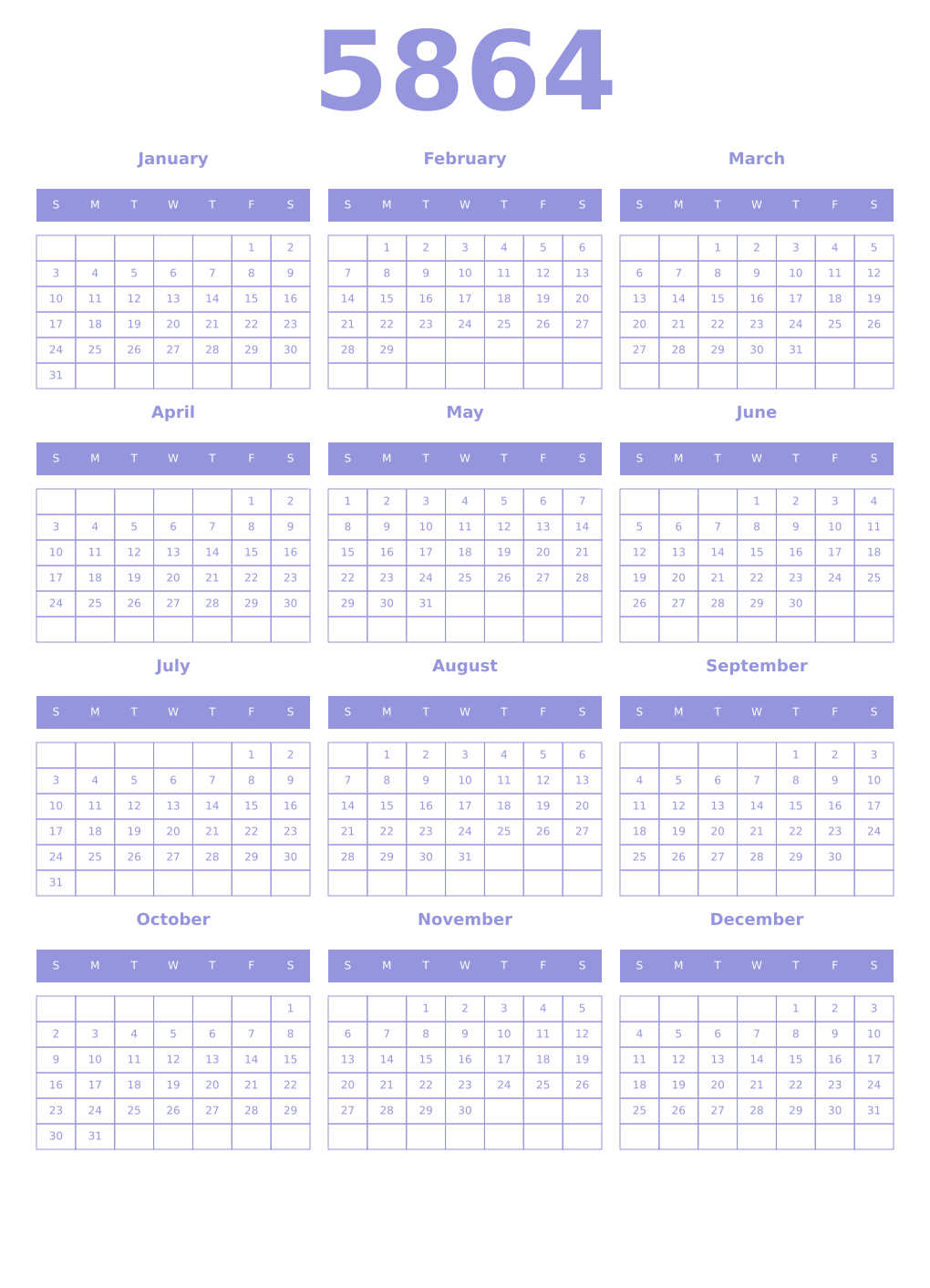 Printable 5864 Year Calendars periwinkle