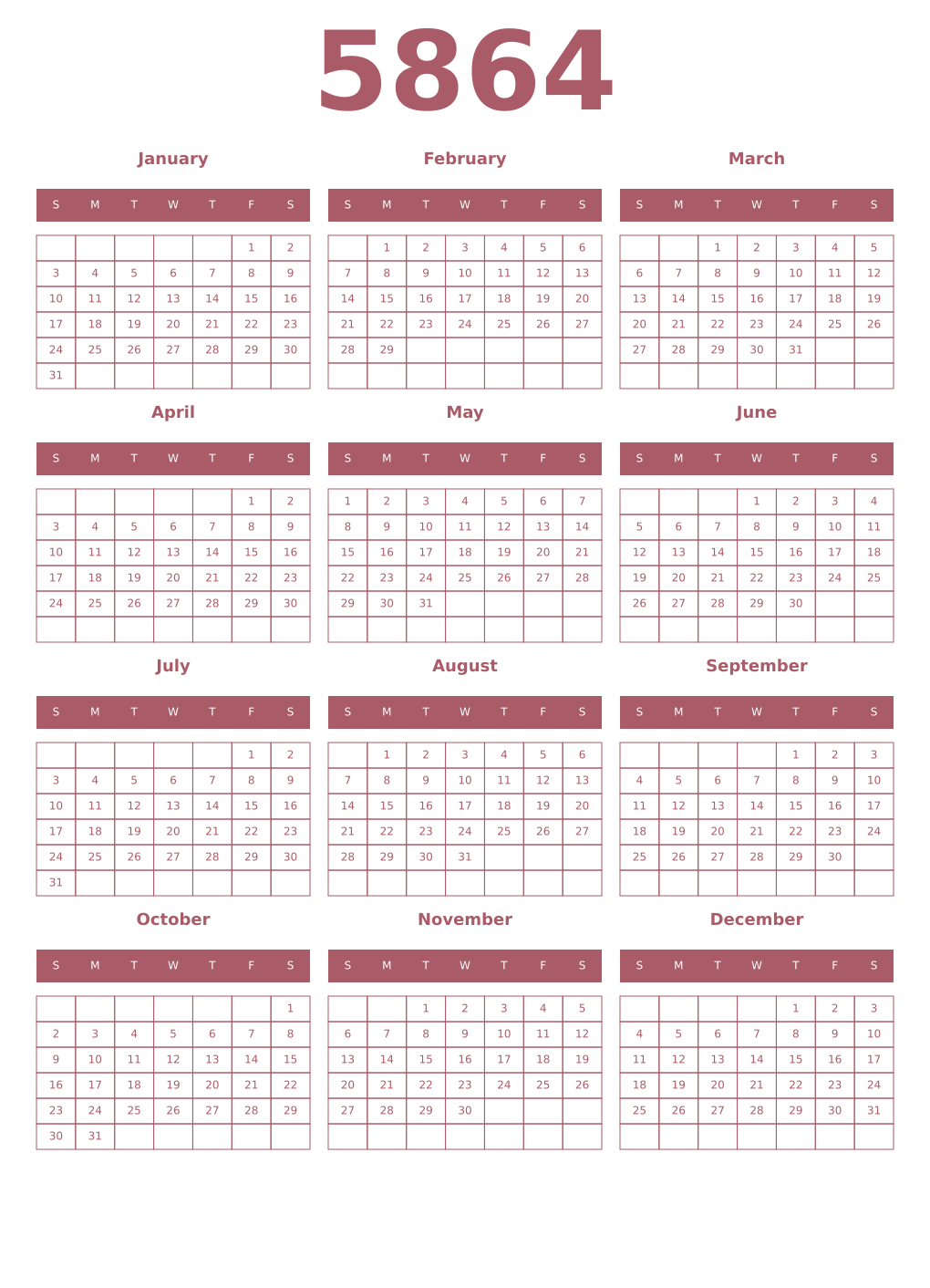 Printable 5864 Year Calendars puce