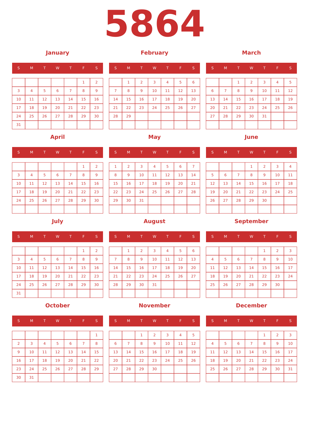 Printable 5864 Year Calendars red