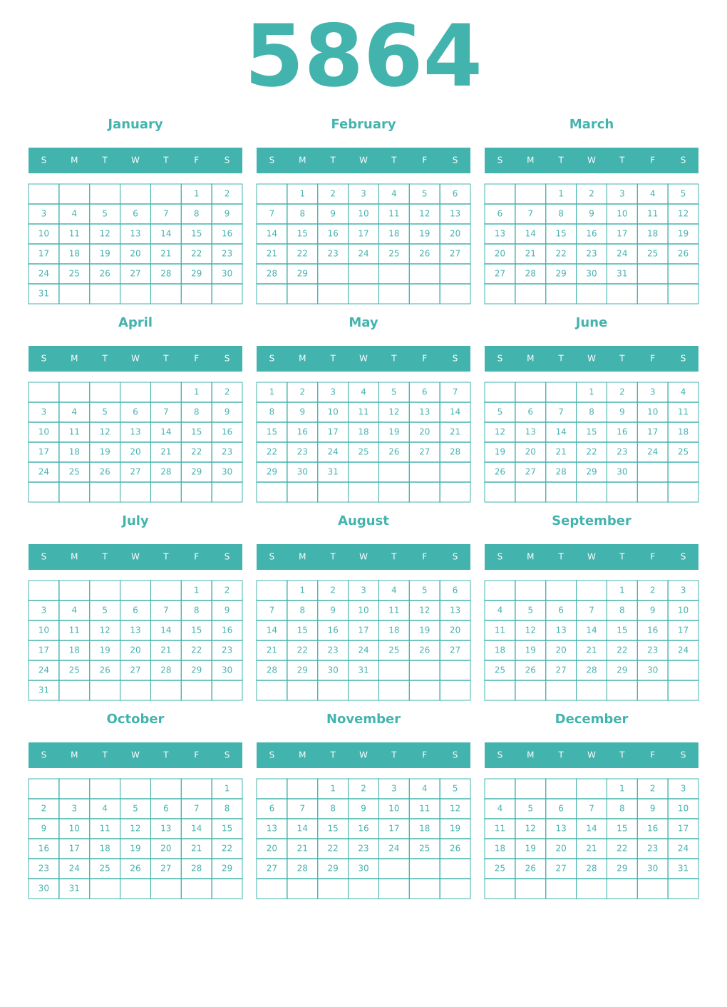 Printable 5864 Year Calendars verdigris