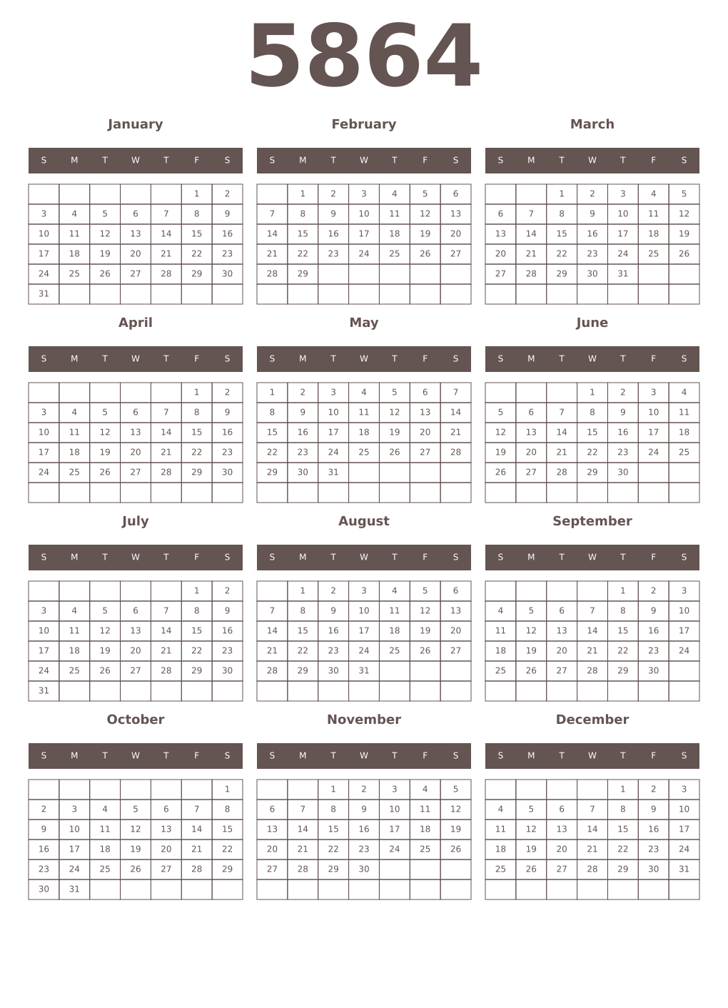 Printable 5864 Year Calendars wenge