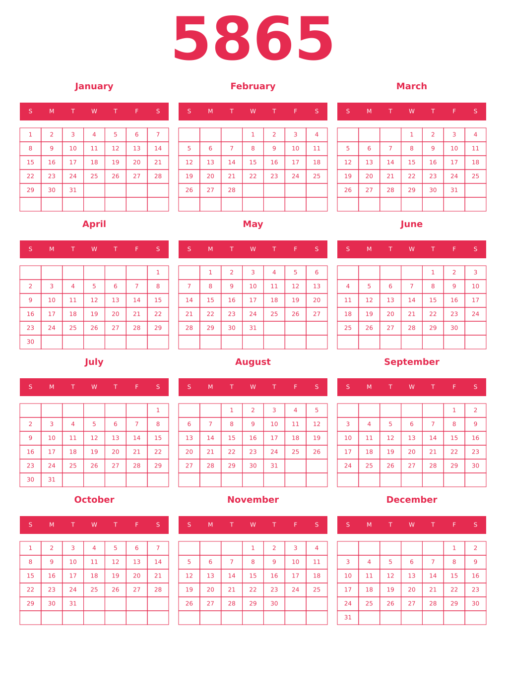 Printable 5865 Year Calendars amaranth