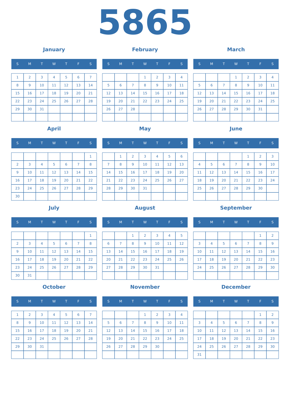 Printable 5865 Year Calendars blue