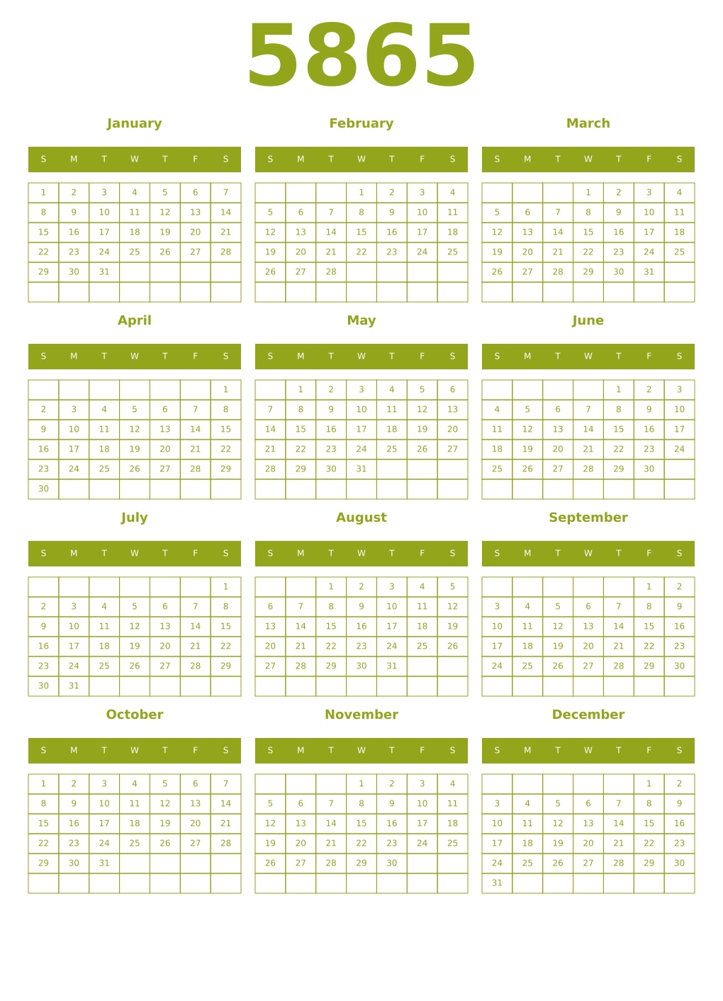 Printable 5865 Year Calendars chartreuse
