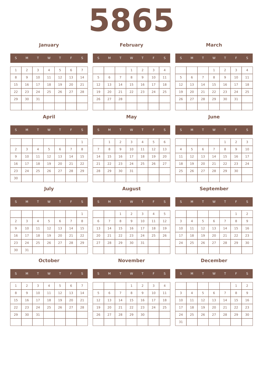 Printable 5865 Year Calendars coffe