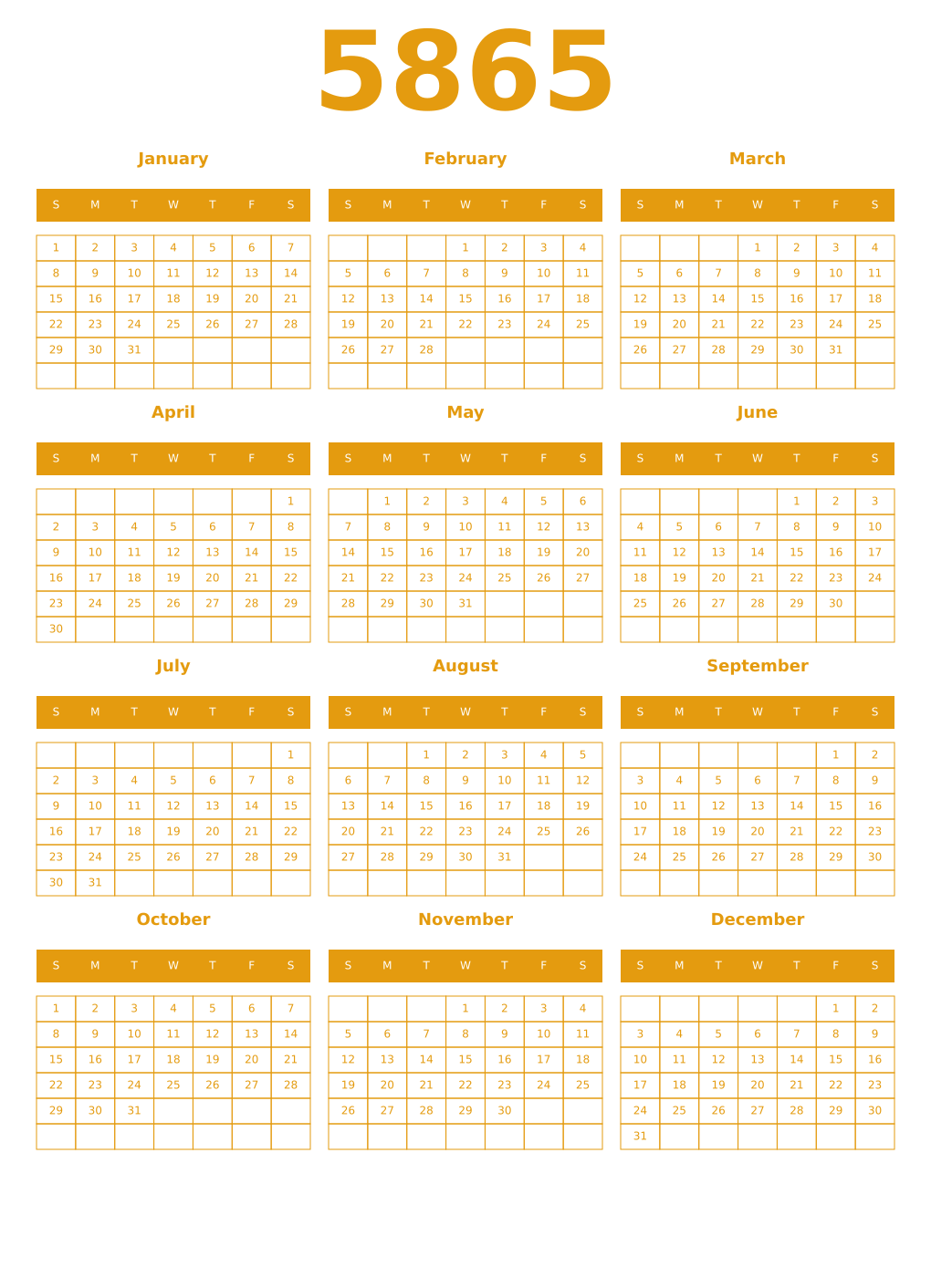 Printable 5865 Year Calendars gamboge