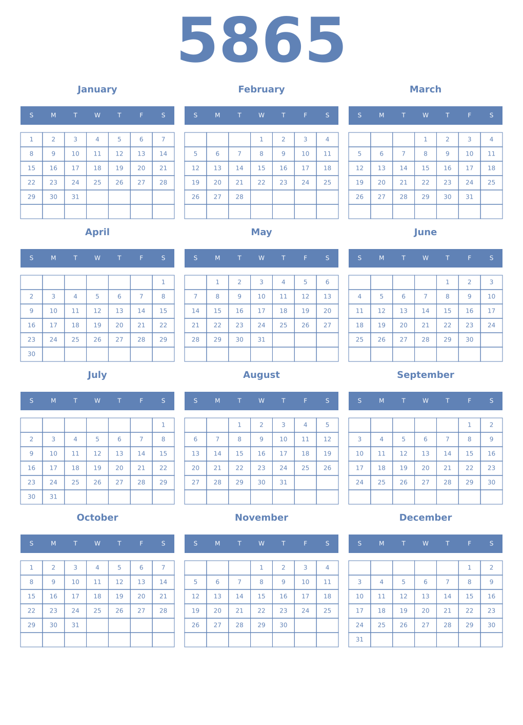 Printable 5865 Year Calendars glaucous