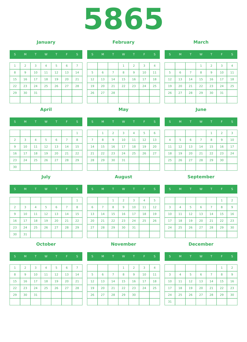 Printable 5865 Year Calendars green