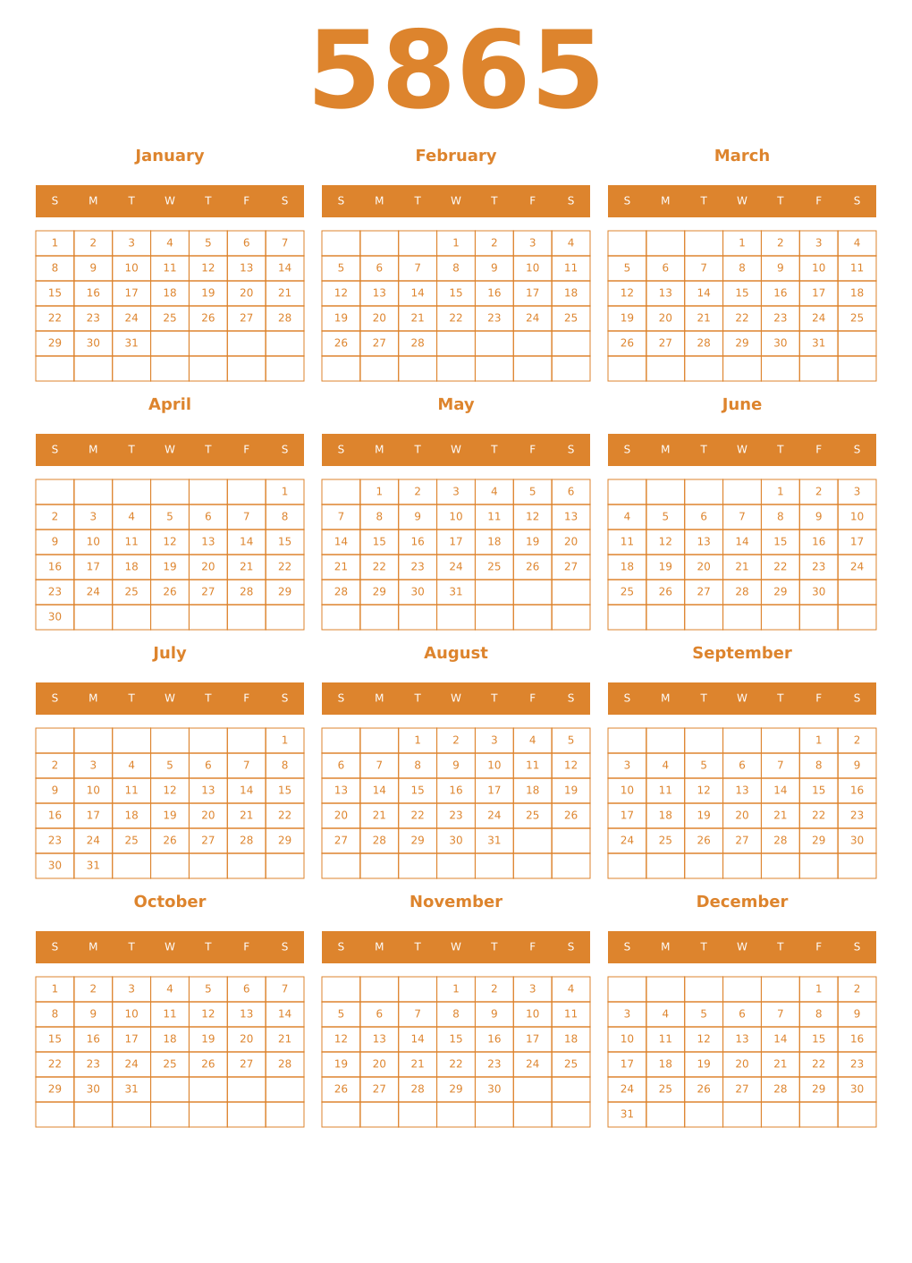 Printable 5865 Year Calendars orange