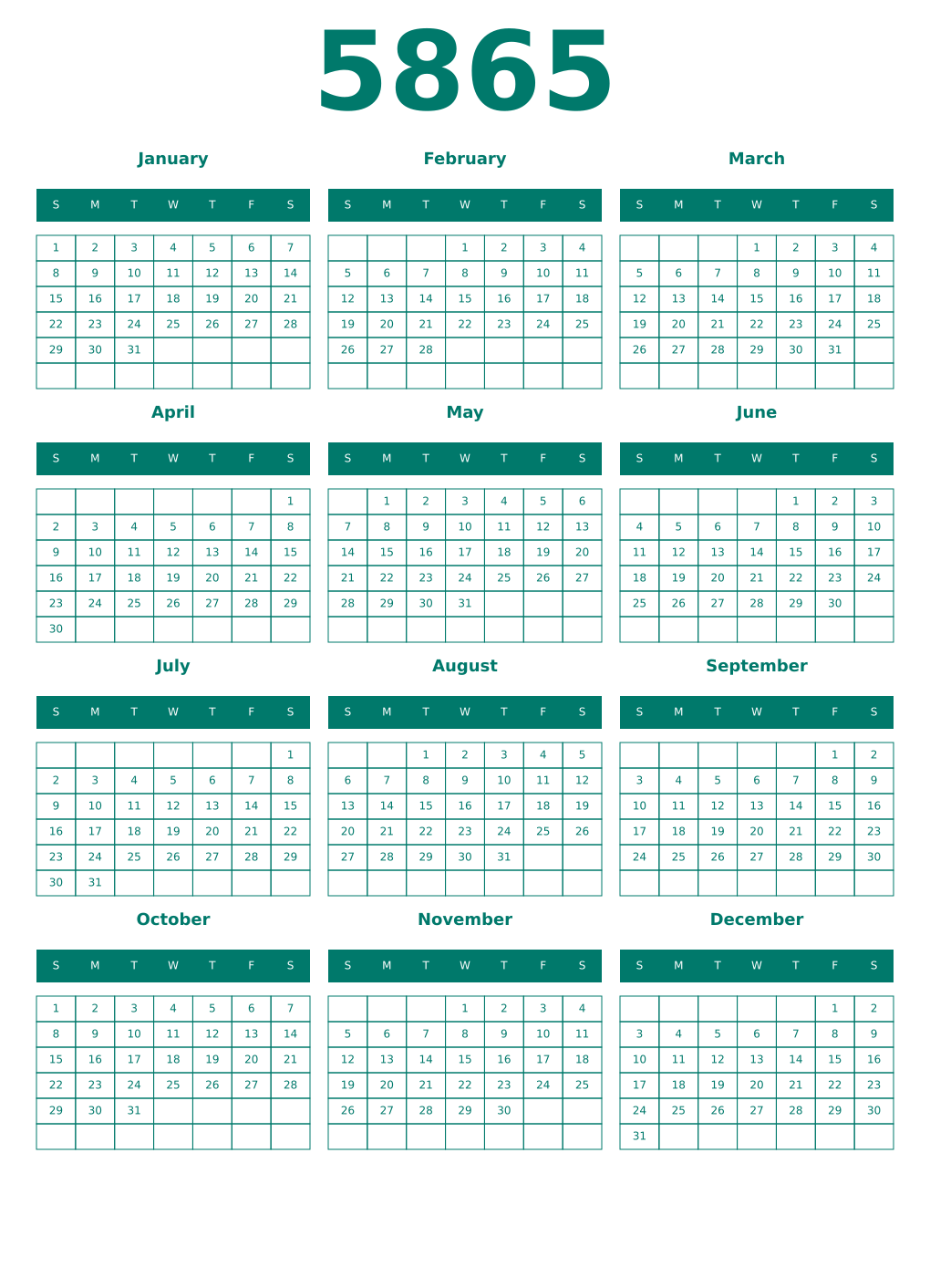 Printable 5865 Year Calendars pastel