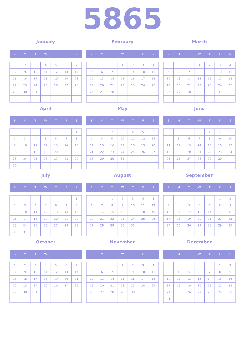 Printable 5865 Year Calendars periwinkle