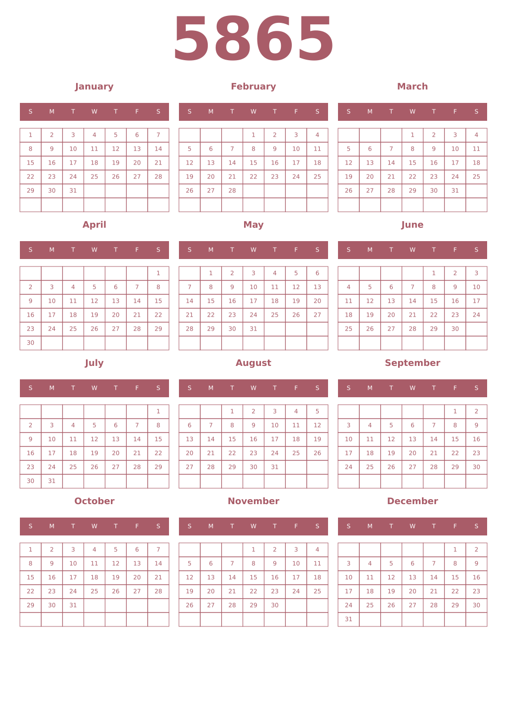Printable 5865 Year Calendars puce