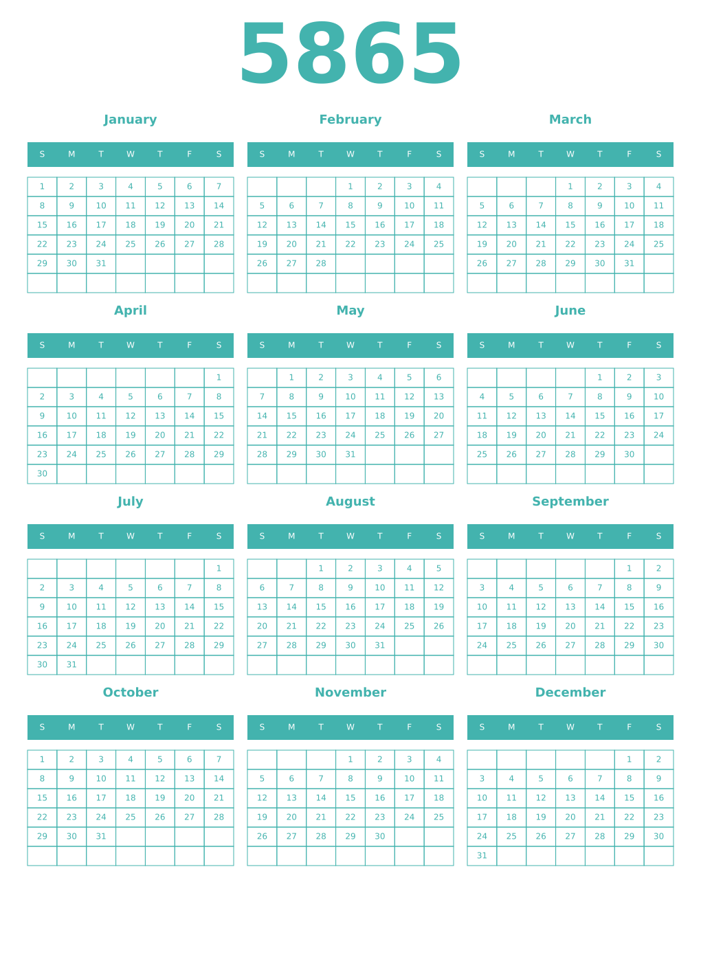 Printable 5865 Year Calendars verdigris