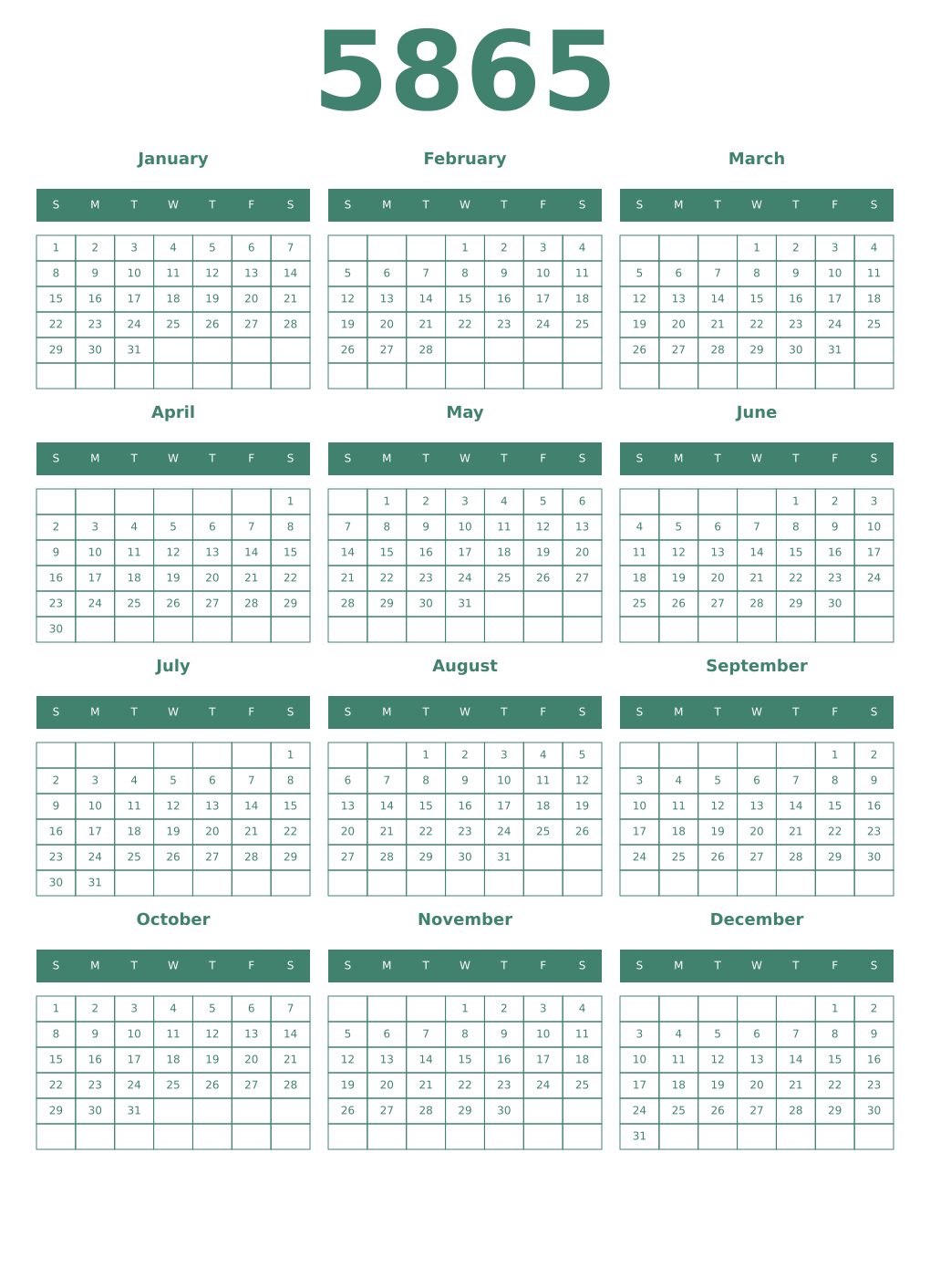 Printable 5865 Year Calendars viridian