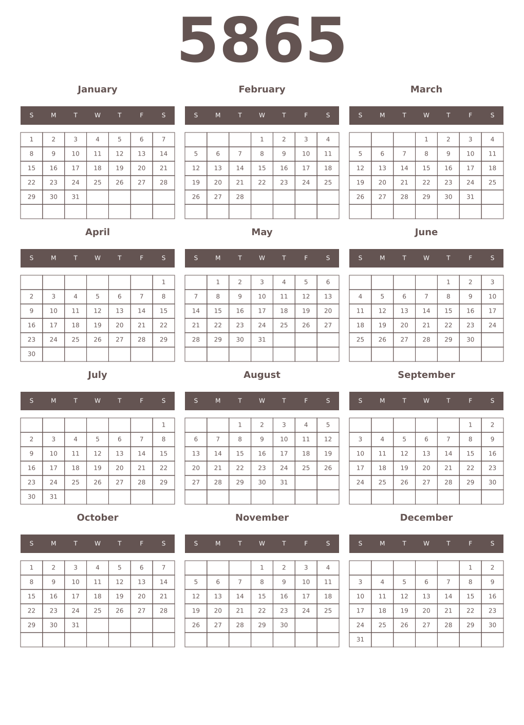 Printable 5865 Year Calendars wenge