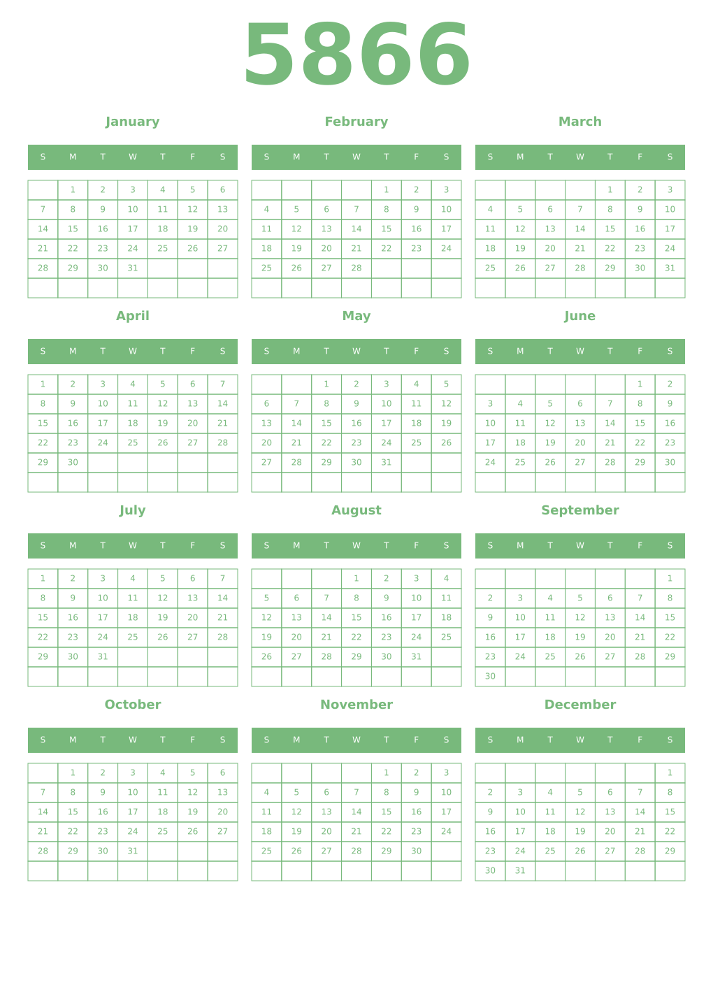 Printable 5866 Year Calendars celadon