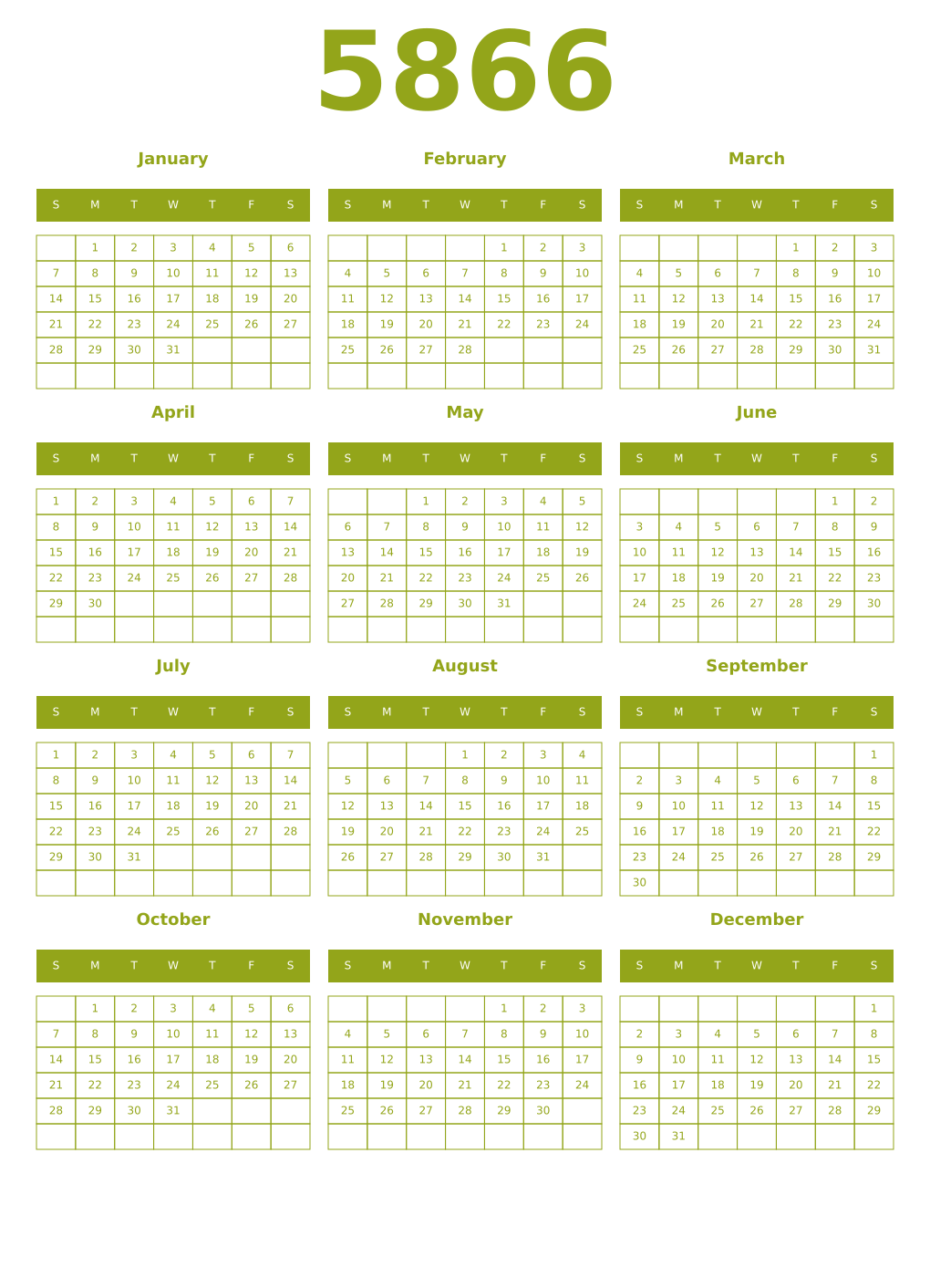 Printable 5866 Year Calendars chartreuse
