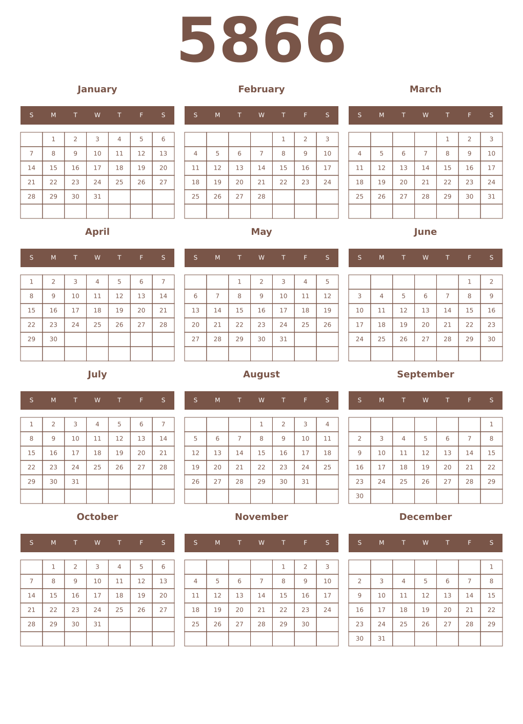Printable 5866 Year Calendars coffe