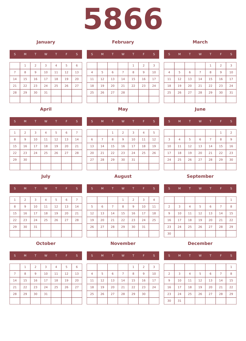 Printable 5866 Year Calendars cordovan