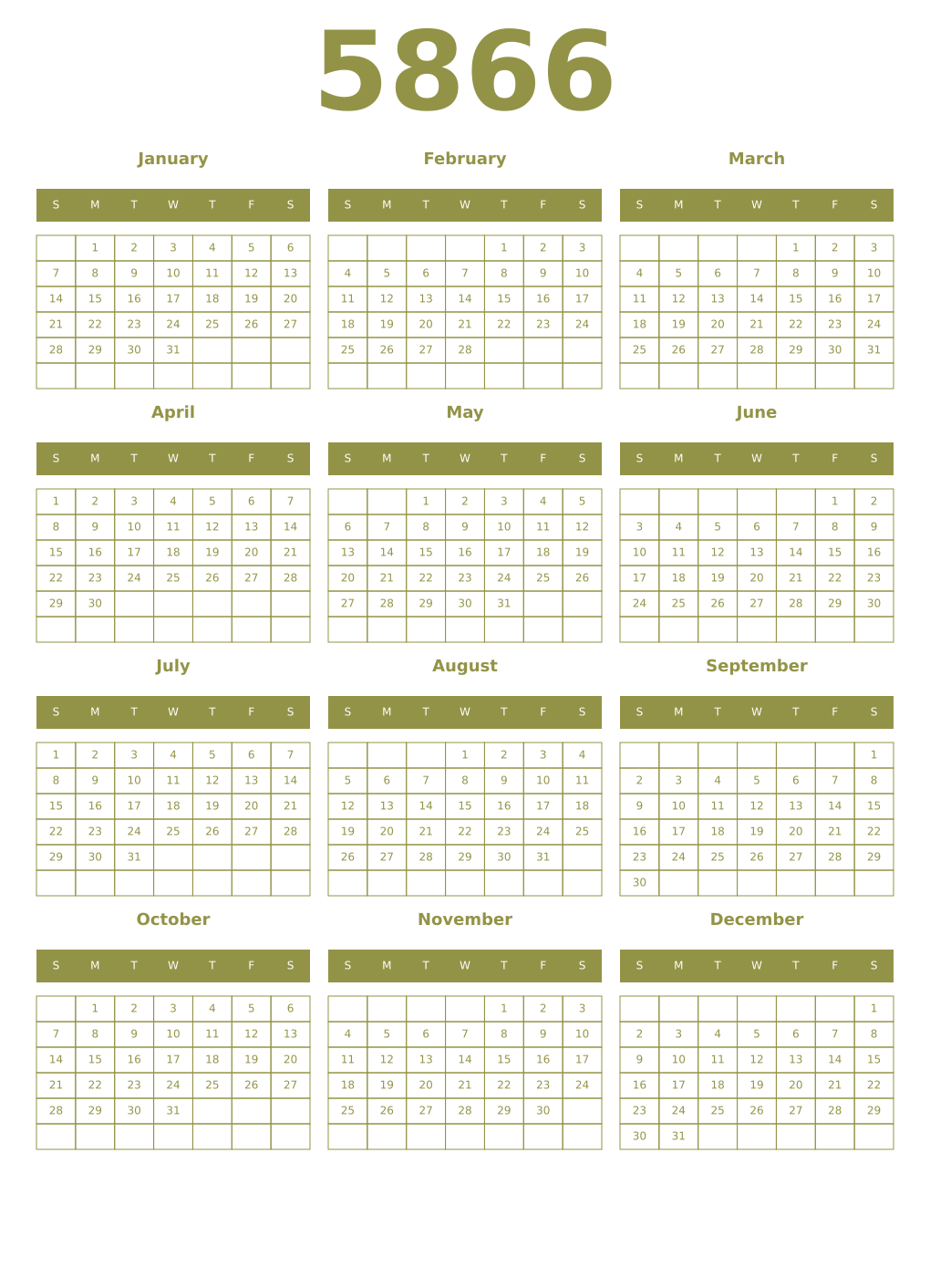 Printable 5866 Year Calendars eburnean
