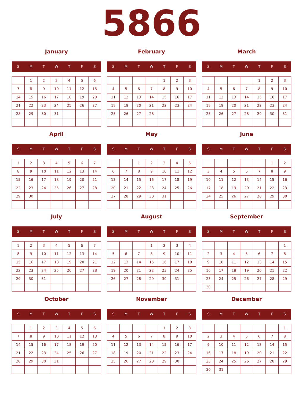 Printable 5866 Year Calendars falu