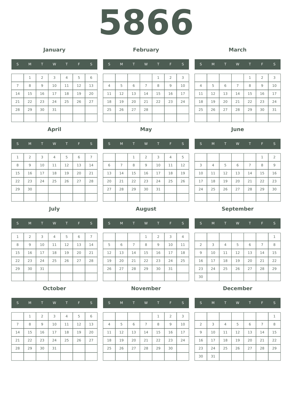 Printable 5866 Year Calendars feldgrau
