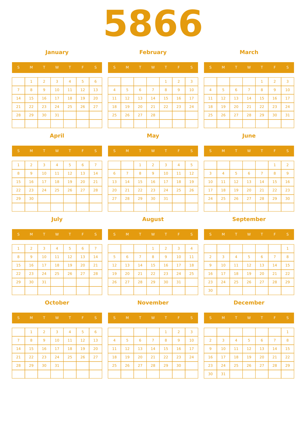 Printable 5866 Year Calendars gamboge