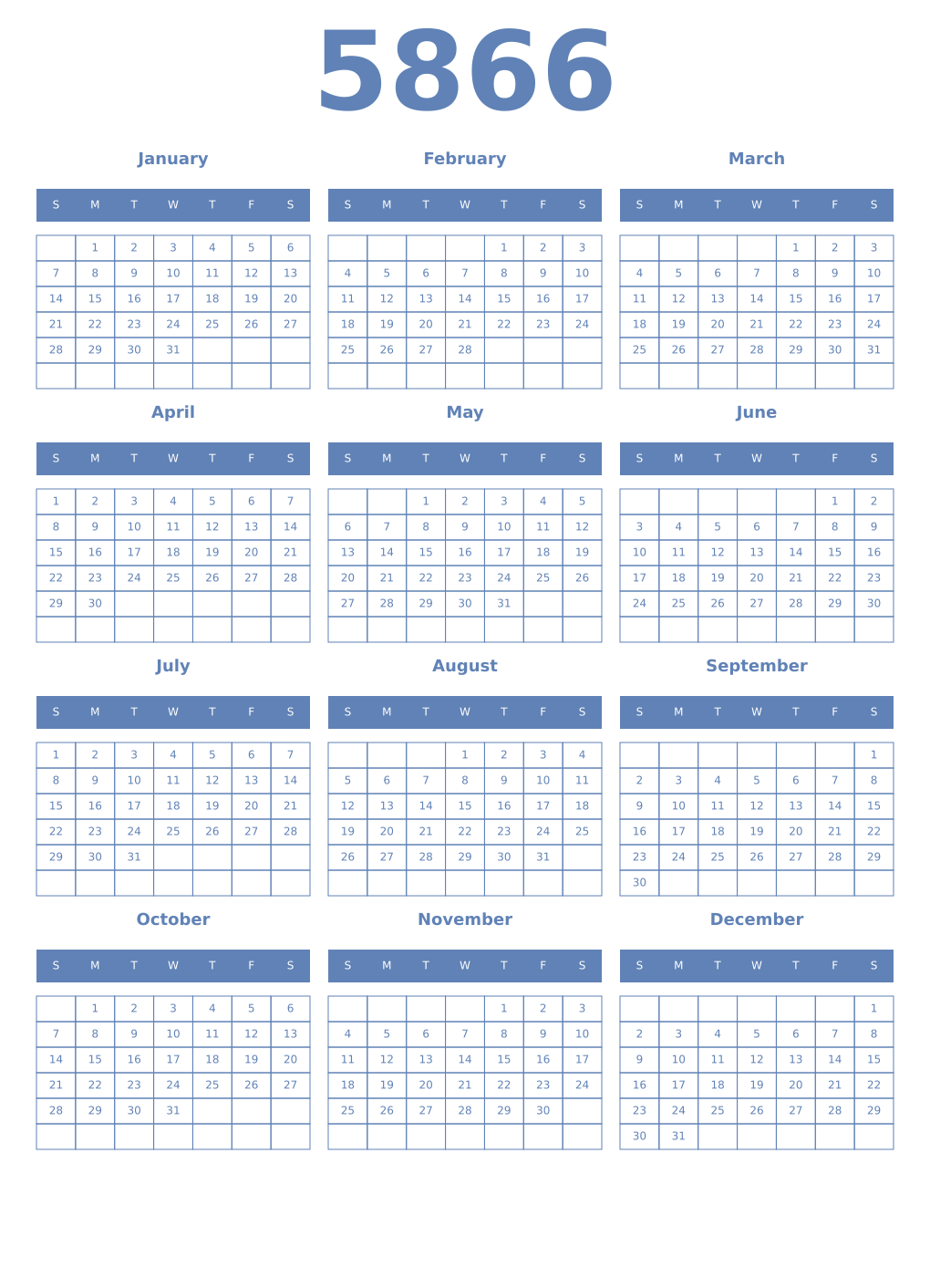 Printable 5866 Year Calendars glaucous