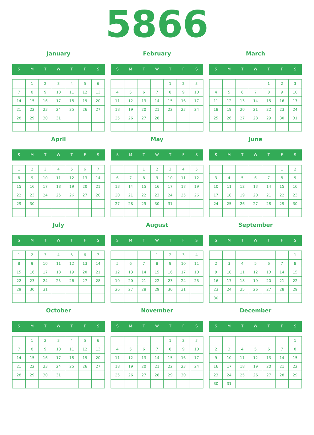 Printable 5866 Year Calendars green
