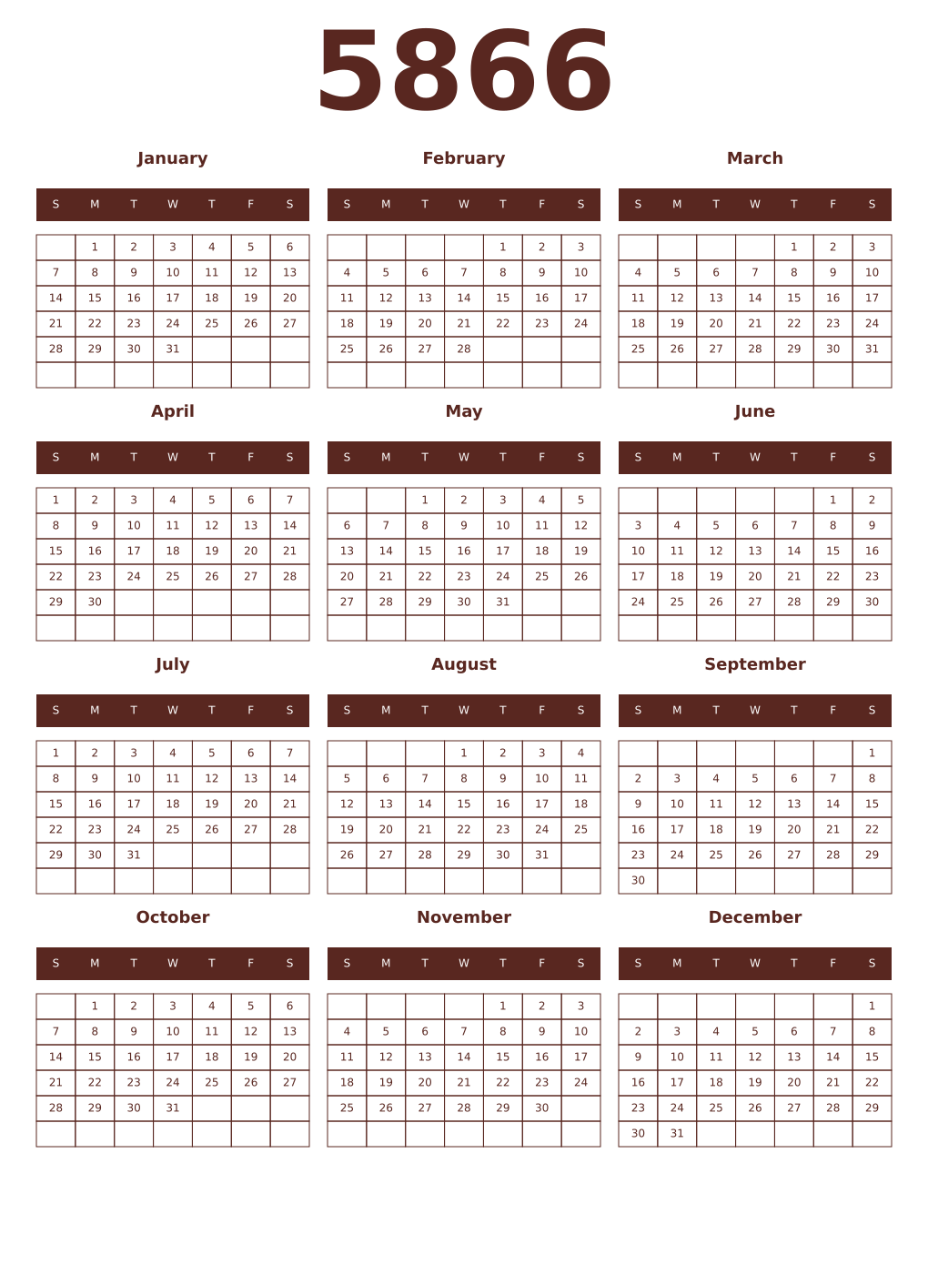 Printable 5866 Year Calendars mortuum